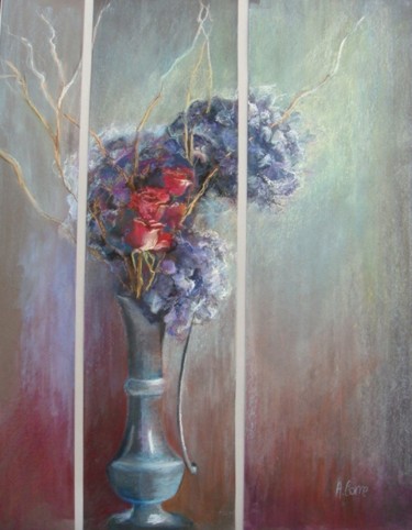 Peinture intitulée "Hortensias et roses" par Agnes Corre, Œuvre d'art originale, Huile