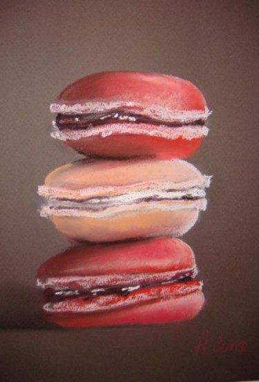 Dessin intitulée "macarons à la fraise" par Agnes Corre, Œuvre d'art originale, Pastel