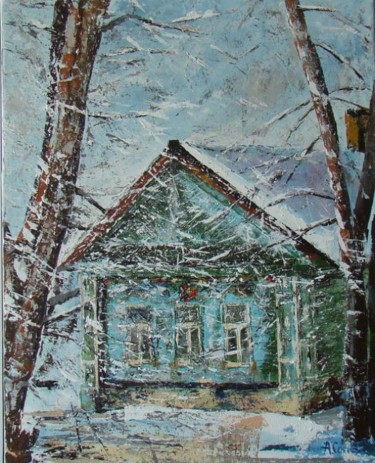 Painting titled "Isba sous la neige" by Agnes Corre, Original Artwork, Oil