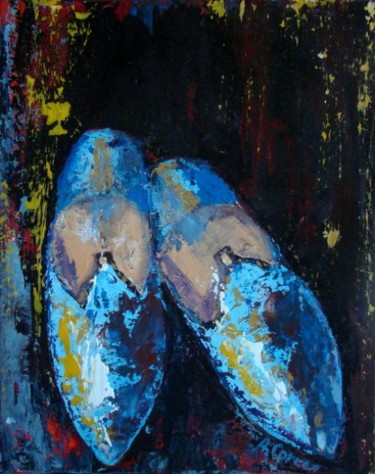 Peinture intitulée "Babouches bleues" par Agnes Corre, Œuvre d'art originale, Huile