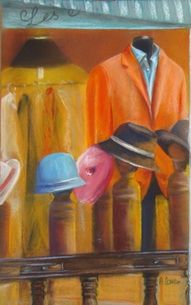 Dessin intitulée "Vitrine de chapeaux" par Agnes Corre, Œuvre d'art originale, Pastel