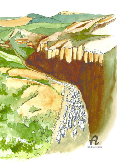 Dessin intitulée "Troupeau de moutons" par Agnès Molinaro, Œuvre d'art originale, Aquarelle