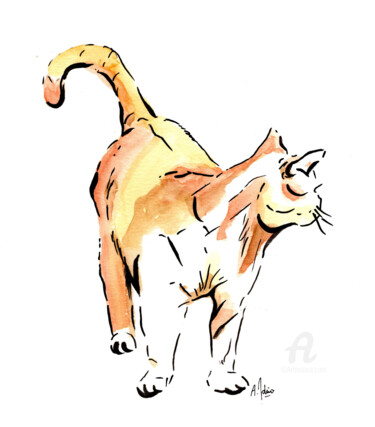 Drawing titled "Chat roux" by Agnès Molinaro, Original Artwork, Watercolor