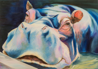 Painting titled "Les hippos" by Agnès Vangell, Original Artwork, Oil