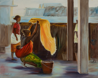 Painting titled "La lessive" by Agnès Vangell, Original Artwork, Oil