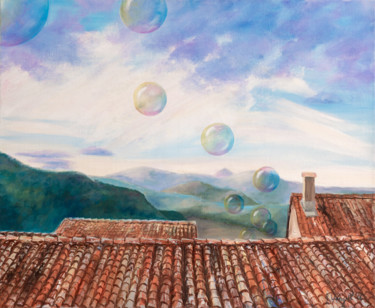 Painting titled "Vue des toits" by Agnès Vangell, Original Artwork, Oil