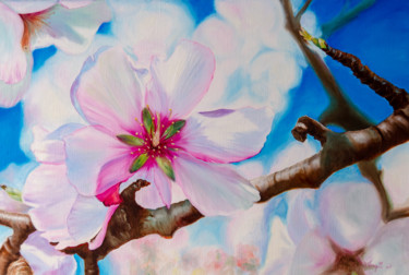 Painting titled "Fleurs d'amandier" by Agnès Vangell, Original Artwork, Oil