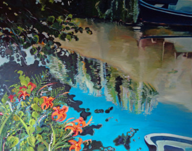Painting titled "Canal de l'Ourthe" by Agnieszka Rozek, Original Artwork, Oil