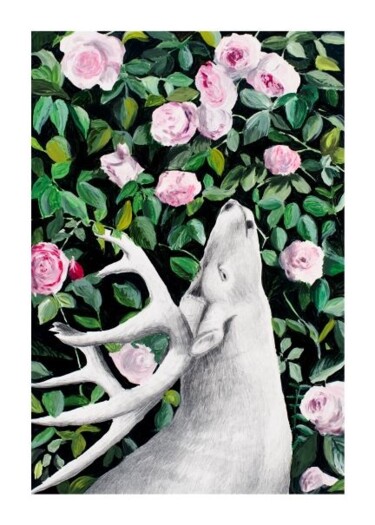 Pintura intitulada "Le Cerf et les Roses" por Agnieszka Zuchowska, Obras de arte originais, Guache