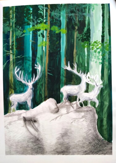 Desenho intitulada "Les Cerfs blancs. f…" por Agnieszka Zuchowska, Obras de arte originais, Guache