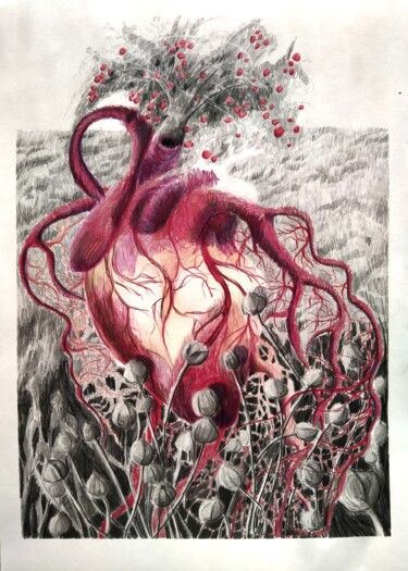 Dibujo titulada "Cœur terre arbre de…" por Agnieszka Zuchowska, Obra de arte original, Grafito