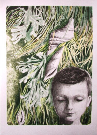 Desenho intitulada "garçon coquillages…" por Agnieszka Zuchowska, Obras de arte originais, Conté