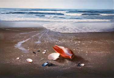 Painting titled "Beach with shells" by Agostino Cancogni, Original Artwork, Oil Mounted on Wood Stretcher frame