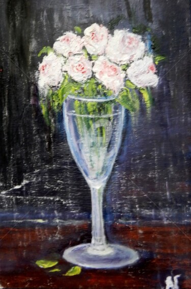 Картина под названием "Розы в фужере" - Андрей Гудков, Подлинное произведение искусства, Масло