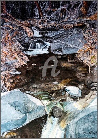 Schilderij getiteld "Ручей в горах" door Andrei Gudkov, Origineel Kunstwerk, Aquarel