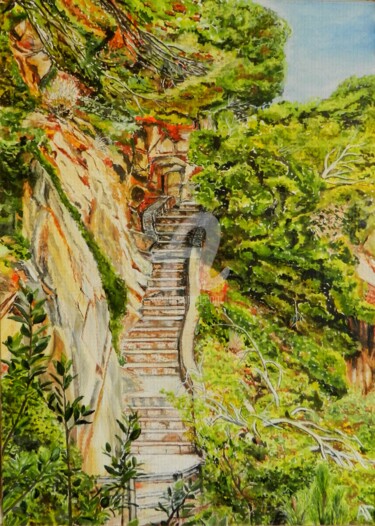 Картина под названием "Лестница в горах." - Андрей Гудков, Подлинное произведение искусства, Акварель