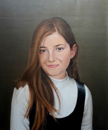 Painting titled "Young girl with ros…" by Andrea Muceku, Original Artwork, Oil