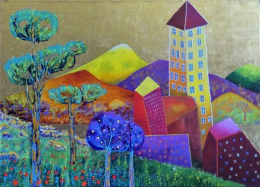 Картина под названием "paysage aux grands…" - Arnaud Guibé, Подлинное произведение искусства, Акрил Установлен на Деревянная…