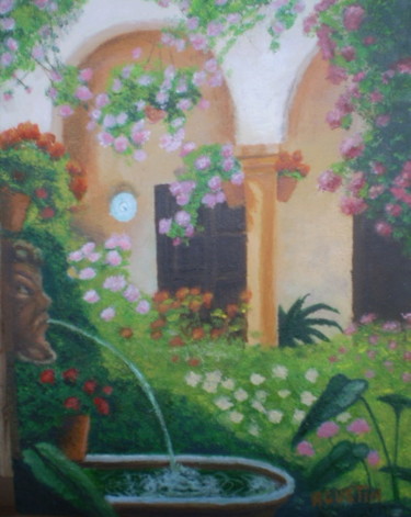 Painting titled "fuente-en-el-patio.…" by Agustin, Original Artwork, Oil