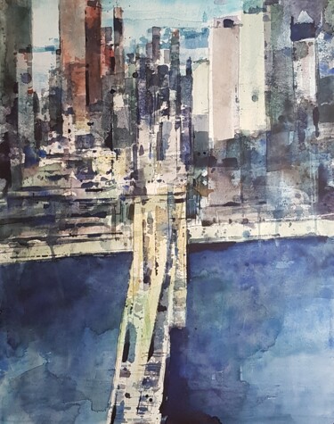 Painting titled "Bridge in the city." by Agus Vaquero, Original Artwork, Watercolor