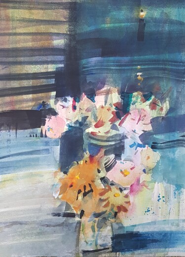 Painting titled "Flowers and lightho…" by Agus Vaquero, Original Artwork, Watercolor