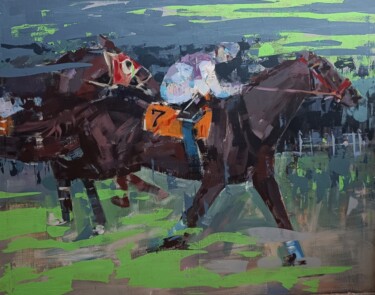 Schilderij getiteld "Horse race" door Agus Vaquero, Origineel Kunstwerk, Acryl Gemonteerd op Frame voor houten brancard