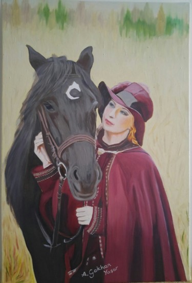 Painting titled "Horse and owner" by A.Gökhan Yaşar, Original Artwork, Oil Mounted on Wood Stretcher frame
