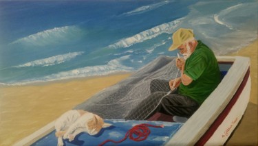 Painting titled "Fisherman" by A.Gökhan Yaşar, Original Artwork, Oil Mounted on Wood Stretcher frame