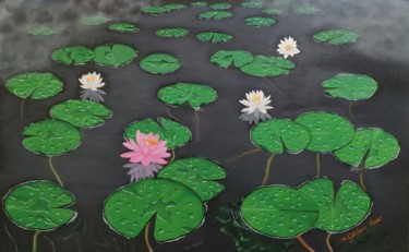 Pintura titulada "Lotus Pond" por A.Gökhan Yaşar, Obra de arte original, Oleo Montado en Bastidor de camilla de madera