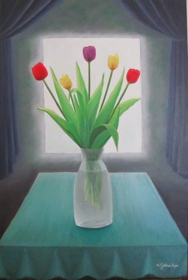 Painting titled "Tulips by the window" by A.Gökhan Yaşar, Original Artwork, Oil Mounted on Wood Stretcher frame