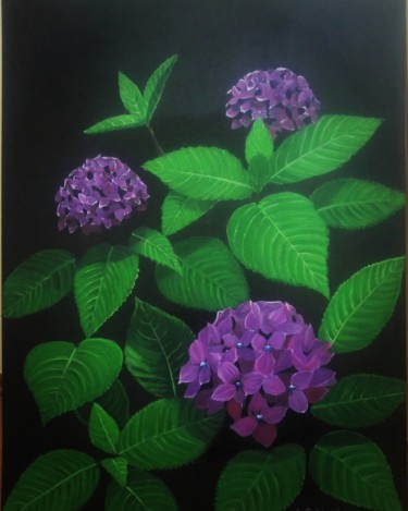 Painting titled "Purple hydrangea at…" by A.Gökhan Yaşar, Original Artwork, Oil Mounted on Wood Stretcher frame