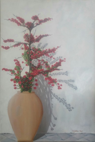 Painting titled "Red Bougainvillea b…" by A.Gökhan Yaşar, Original Artwork, Oil Mounted on Wood Stretcher frame