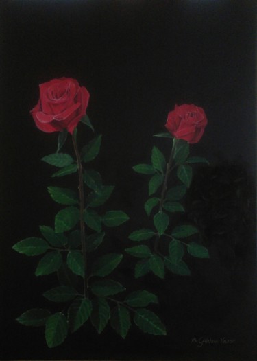Painting titled "Red roses at night" by A.Gökhan Yaşar, Original Artwork, Oil Mounted on Wood Stretcher frame