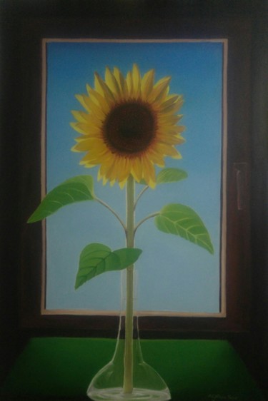 Painting titled "Sunflower by the wi…" by A.Gökhan Yaşar, Original Artwork, Oil Mounted on Wood Stretcher frame