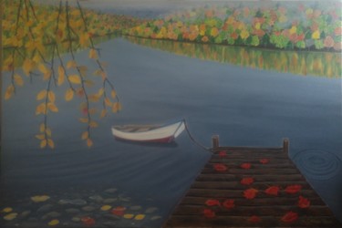 Painting titled "Autumn around the l…" by A.Gökhan Yaşar, Original Artwork, Oil Mounted on Wood Stretcher frame