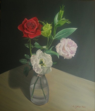 Painting titled "Bouqet in vase" by A.Gökhan Yaşar, Original Artwork, Oil Mounted on Wood Stretcher frame