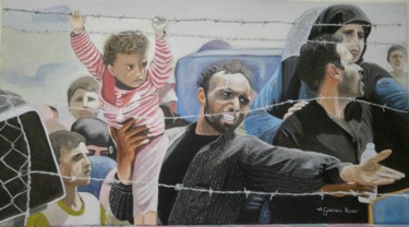 Painting titled "Refugees" by A.Gökhan Yaşar, Original Artwork, Oil Mounted on Wood Stretcher frame