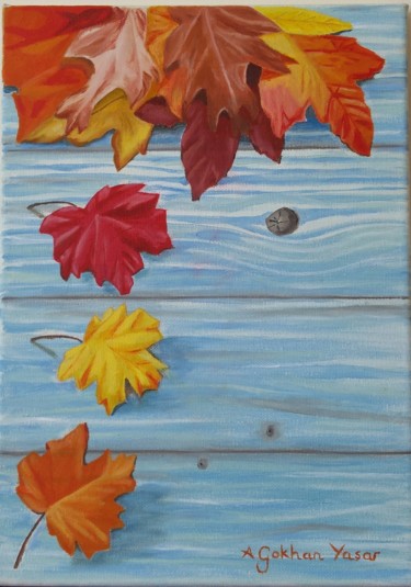 Painting titled "Fall Leaves" by A.Gökhan Yaşar, Original Artwork, Oil Mounted on Wood Stretcher frame