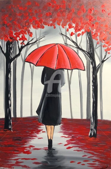 Painting titled "red umbrella lady" by Aisha Haider, Original Artwork, Acrylic
