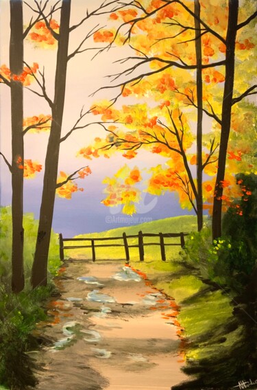 Painting titled "autumn path" by Aisha Haider, Original Artwork, Acrylic