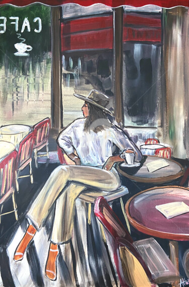 Painting titled "waiting at the cafe" by Aisha Haider, Original Artwork, Acrylic