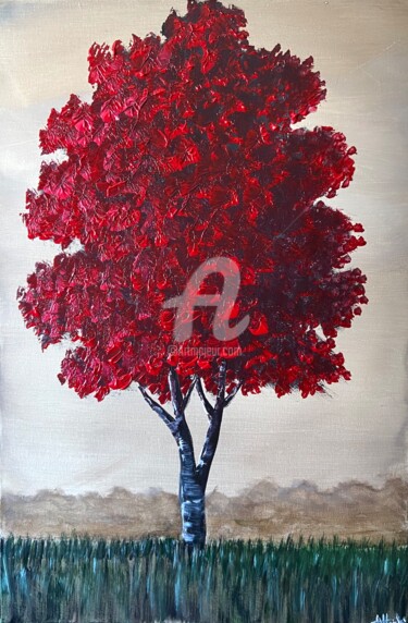 Painting titled "single red tree" by Aisha Haider, Original Artwork, Acrylic