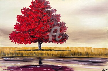 「vibrant red tree」というタイトルの絵画 Aisha Haiderによって, オリジナルのアートワーク, アクリル
