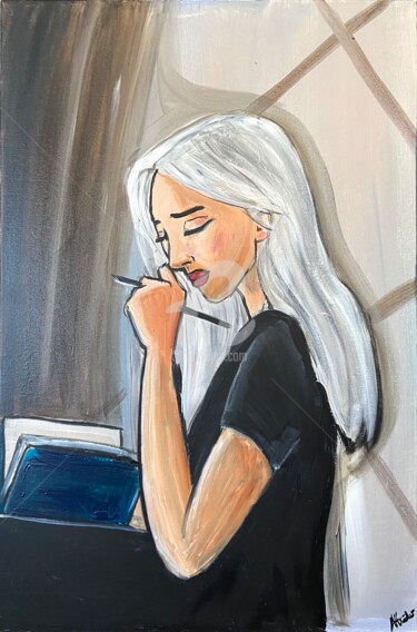 Painting titled "the thoughtful writ…" by Aisha Haider, Original Artwork, Acrylic