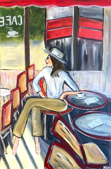 Painting titled "waiting at the cafe…" by Aisha Haider, Original Artwork, Acrylic