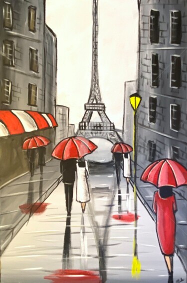 Painting titled "red Eiffel umbrellas" by Aisha Haider, Original Artwork, Acrylic