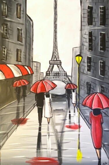 Schilderij getiteld "red Eiffel umbrellas" door Aisha Haider, Origineel Kunstwerk, Acryl