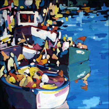 Peinture intitulée "Bateaux de pêche" par Ahem, Œuvre d'art originale, Autre