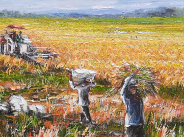Ζωγραφική με τίτλο "Harvesting Rice" από Ahmad Ahid, Αυθεντικά έργα τέχνης, Ακρυλικό