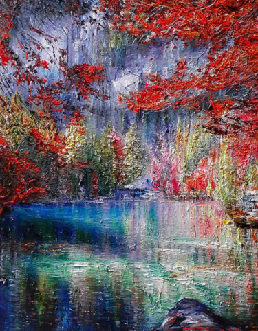 Painting titled "Lake and Red Tree" by Ahmad Ahid, Original Artwork, Acrylic